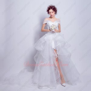 Wrapped Shoulder V neck High Low Horsehair Tulle White Beach Summer Wedding Dresses