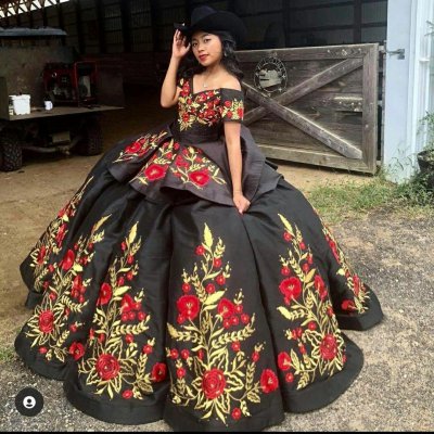 Full Mexican Charro Embroidery Box Pleated Skirt Quinceanera Dress High Low Peplum