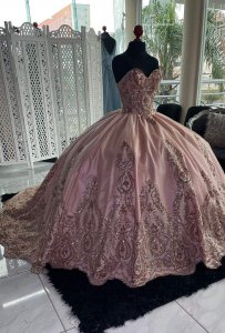Flattering Sweetheart Dusty Pink Thick Satin Quinceanera Dress With Glitter Applique