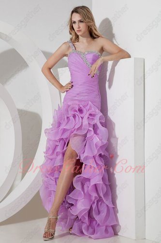 Elegant One Shoulder Thick Organza Lilac High Low Ruffles Formal Prom Gowns Attire