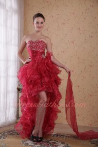 New Trend Beaded Bodice High-low Ruffle Carmine Red Cocktail Dress Bustle