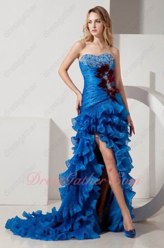 Feather Waist Highlight Wrinkled Organza Layers High Split Azure Blue Prom Attire