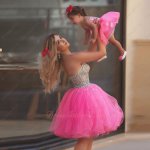 Cute AB Crystals Mini Hot Pink Prom Dress Custom Made For Mother & Baby