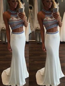 Sexy High Neck Sheer Crystal Bodice 2 Pieces White Prom Dress Brush Train