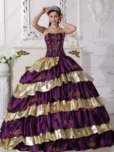 Grape Purple and Shiny Gold Alternant Layers Skirt Quinceanera Gowns Embroidery