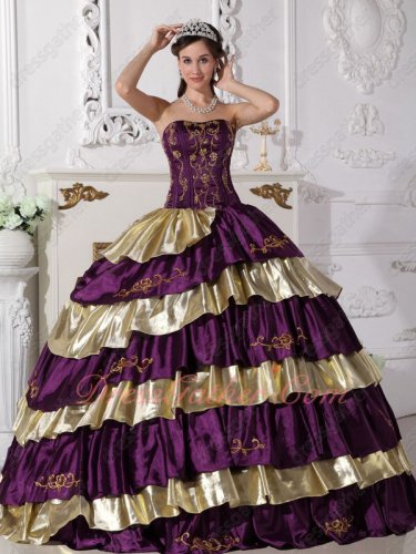 Grape Purple and Shiny Gold Alternant Layers Skirt Quinceanera Gowns Embroidery