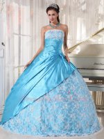 Bright Aqua Blue Elastic Silk Satin Quince Ball Gown Lace Skirt With Coverage