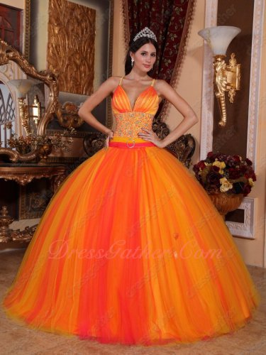 Spaghetti Straps Deep Yellow Sweet 16 Quinceanera Party Gown With Orange Red Covered