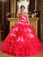 Single Shoulder Layers Cake Gown Quinceanera Dress Hot Pink/Red/Pink Mixed
