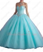 Classical Ice Blue Floor Length Crystals Puberty Girl Quince Party Ball Gown