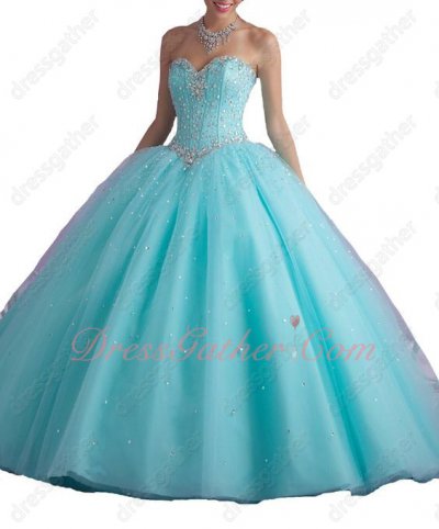 Classical Ice Blue Floor Length Crystals Puberty Girl Quince Party Ball Gown
