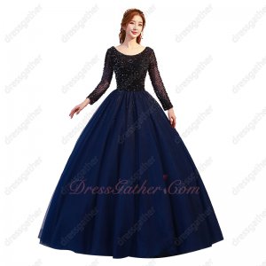 Scoop Long Sleeves Full Beading Corset Navy Blue Tulle Puffy Quinceanera Gowns 2019