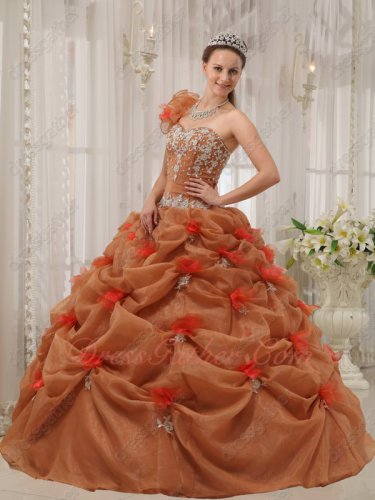 Beautiful One-shoulder Flowers Strap Rust Brown Quinceanera Ball Gown Cheap