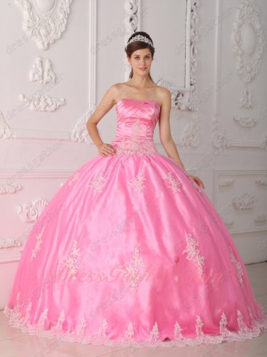 Lovely Strapless Lace Applique Rose Pink Ball Gown Floor Length With Tulle