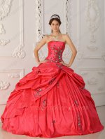 Coral Red Taffeta Military Pageant Party Wear Floor Length Bubble Ball Gown