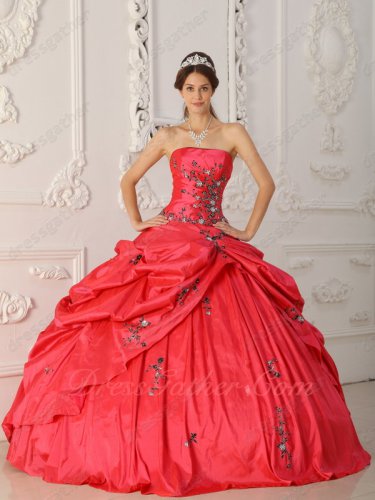 Coral Red Taffeta Military Pageant Party Wear Floor Length Bubble Ball Gown