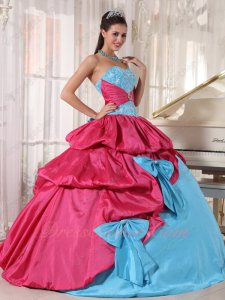 Aqua Blue/Hot Pink Girlish Quince Ball Gown Dress With Many Bowknots Decorate