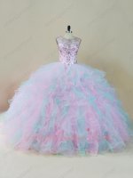 Lovely Crystals Corset Baby Pink/Ice Blue Mixed Tulle Ruffles Quinceanera Dress Gowns