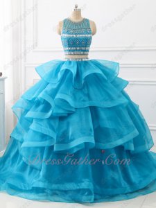 Azure Blue Two Pieces Detached Horsehair Organza Waterfalls Train Ball Gown Beadwork