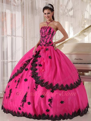 Non-breaking Polyester Boning Quinceanera Birthday Gown Fuchsia With Black Appliques