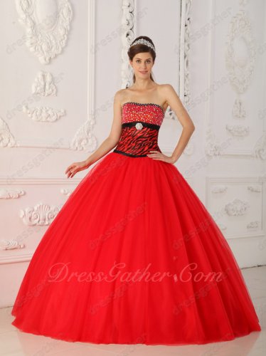 Beaded Chest Zebra Waist Basque Scarlet Flat Tulle Quinceanera Gown Beautiful