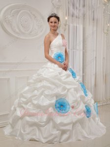 Princess One Shoulder Ivory Quinceanera Ball Gown With Aqua 3D Lotus Flower