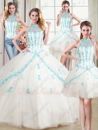 White Mesh With Ice Blue Floret Detaisl Detachable Four Pieces Quinceanera Ball Gown