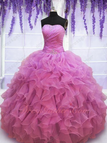 Dust Rose Pink Circular Organza Wave Ruffles Round Skirt 15th Birthday Quinceanera Gown