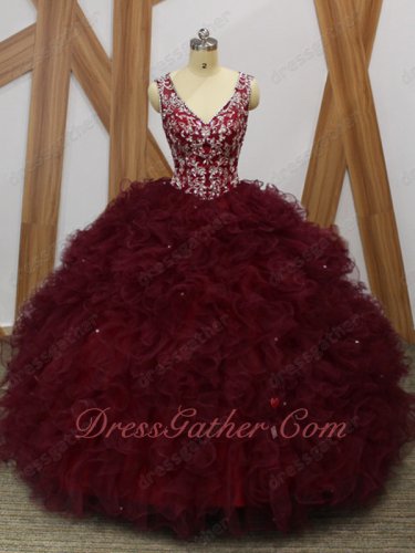 Silver Embroidery Basque Heart-Shaped Cut Out Back Dense Ruffles Quince Gowns Burgundy