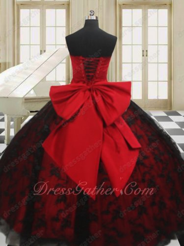 Present Petticoat Red With Black Plain Lace Lovely Quince Ball Gown With Bowknot Back