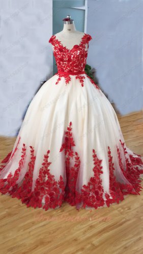 Scoop Neck Fluffy Chapel Train Lovely Quinceanera Ball Gown Beige With Red 3D Applique