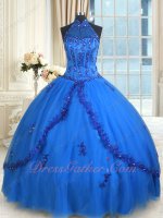 Halter Corset Royal Blue Multilayer Tulle Fluffy Quinceanera Ball Gown Pageant
