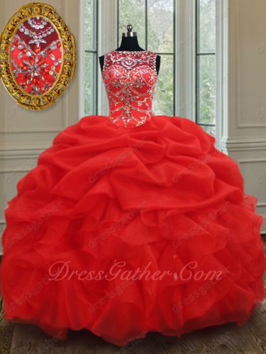 Extraordinary Scoop Bubble and Ruffles Red Organza Ball Gown Sweet Fifteen Birthday