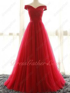 Off Shoulder V Neck Ruching Terse Red Puffy Tulle Talk Show Dress Bustle