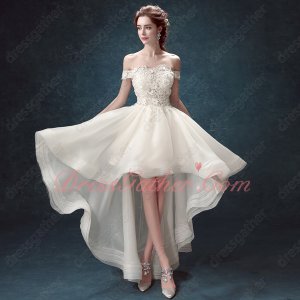 Off Shoulder Transparent Appliques Bodice Ivory Runway Contest Dress Show Leg