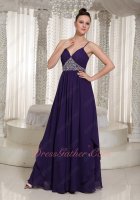 Spaghetti Straps Show Cleavage Triangular Silver Beading Dark Purple Prom Gowns