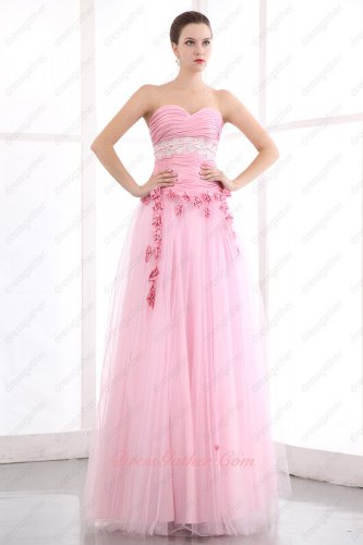 Dropped Taffeta Ruching Basque Tulle/Mesh Skirt Pink Party Prom Dress With Flowers