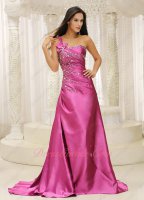Plus Size Custom Made One Strap Camellia Fuchsia Prom Queen Evening Dress Brush Train