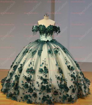 Shimmery Off Shoulder 3D Flowers Application Love 15th XV Quinceanera Dress and Train
