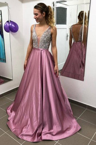Double Straps Deep V Neck Beaded Bodice Lilac Light Purple Designer Prom Dress Evening Gown