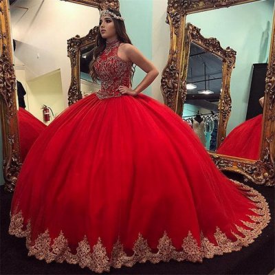 Scarlet Red High Collar Fully Beading Brightly Bodice Quinceanera Dress Puffy