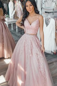 Pretty V Neck Two Pieces Cameo Dust Pink Swirling Lace Prom Pageant Gown