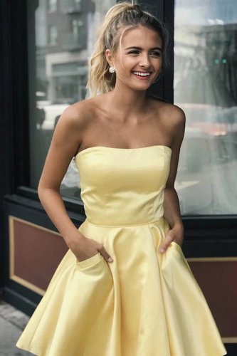 Lovely Strapless Knee Length Light Yellow Dama Dress Graduation Dress With Pockets
