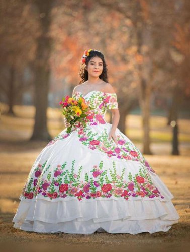 Off Shoulder Multilayer Embroidery Flowers Charro Quinceanera Dress Online Store