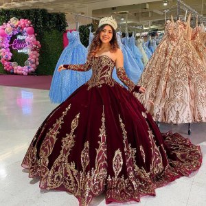 Strapless Dropped Basque Bodice Burgundy With Gold Quinceanera Dress and Train