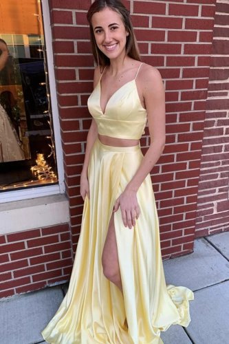 Spaghetti Straps Two Pieces Light Yellow Polished Evening Night Prom Gowns