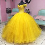 Off Shoulder Basque Fish Bone Bodice Deep Yellow Quinceanera Ball Gown Flaterring
