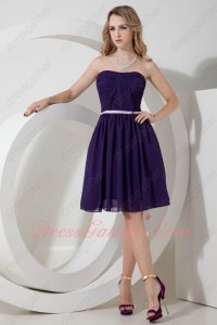 Strapless Pansy Purple Chiffon Knee Length Bridesmaid Dress With Belt Outdoor Wedding