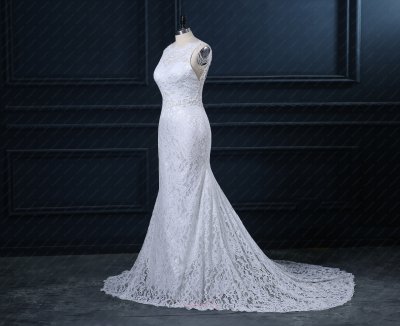 Full France Lace Scoop Neck Wedding Dress Open Back With Beading Curtains Backside