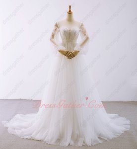 Empire Waist Sheer Scoop Neck Long Puffy Bubble Sleeves Wedding Bridal Dress Elegant